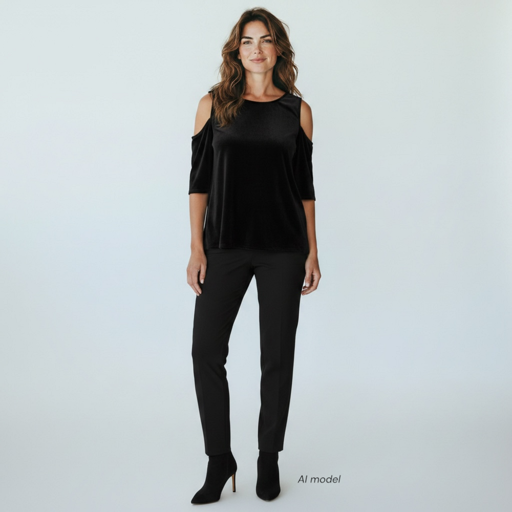 Alex Evenings Shirt Women 2X Black Velvet Cold Shoulder Soft Flowy Shimmer Tunic
